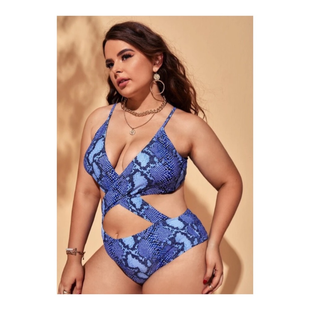 Shein | Blue Snake Skin Criss Cross One Piece Bathing Suit Swimsuit Monokini